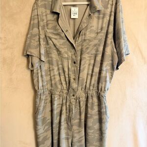 Ashley Stewart Beige Camo Short-Sleeve Utility Romper